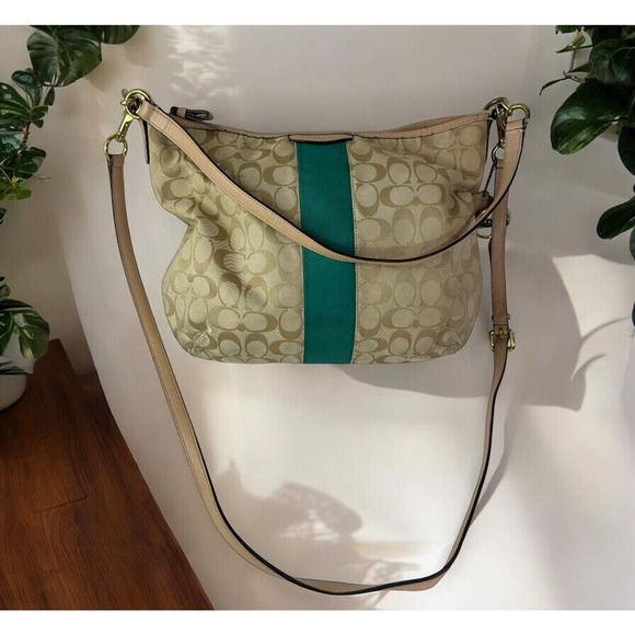 COACH Convertible Hobo Shoulder Bag Crossbody Tan Green Stripe Purse F29941 - Picture 15 of 16
